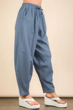 Blue cotton woven pants with elastic waistband and drawstring from VERY J solid barrel comfy collection