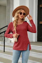 Square Neck Long Sleeve Slit T-Shirt Deep Red Woman T Shirts