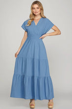 She + Sky Surplice Short Sleeve Tiered Maxi Dress With Pockets Cerulean