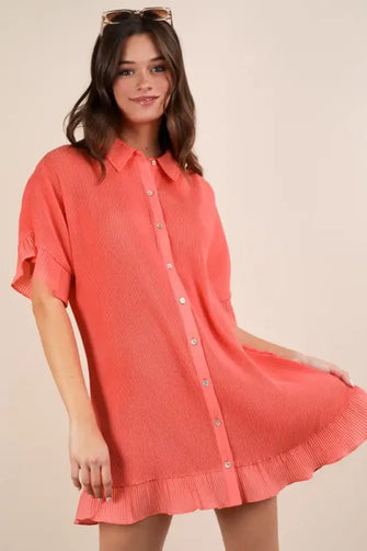 VERY J Pleated Detail Button Down Mini Dress Orange Casual Dresses