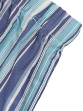 Blue and teal striped wide-leg pants with relaxed gathered waistband made of cotton, ideal for flat sandals pairing