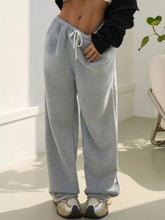 Gray casual drawstring high waist sweatpants with white drawstring and elastic waistband for comfortable wear