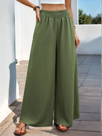 Perfee Smocked Wide Leg Pants Moss