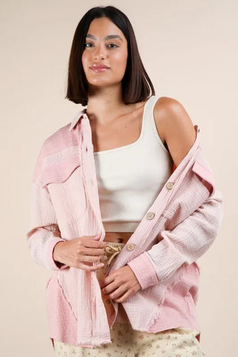 VERY J Mineral Washed Oversized Gauze Shacket Blush Woman Outerwear
