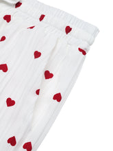 White cotton wide leg pants with red heart print drawstring waist scattered embroidery design