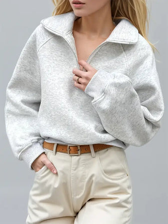 Half Zip Long Sleeve Sweatshirt Light Gray Woman Sweatshirts