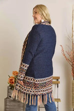 Navy blue Aztec border cardigan with pink fringe hem and geometric pattern