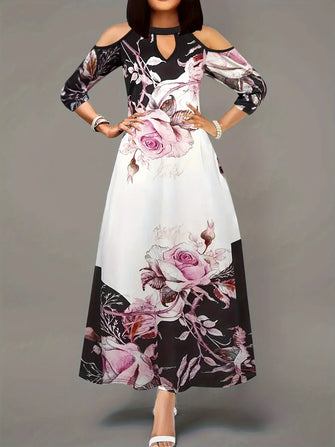 Plus Size Cutout Printed Cold Shoulder Dress White Woman Maxi Dress