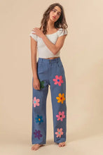Bibi flower print straight legs pants with blue floral embroidery