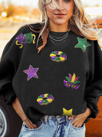 Sequin Round Neck Long Sleeve Sweatshirt Black
