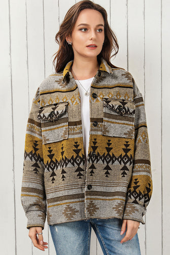 Geometric Collared Drop Shoulder Jacket Khaki