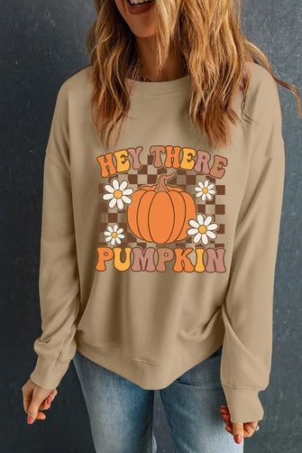 Pumpkin Graphic Long Sleeve Sweatshirt Khaki Woman Sweatshirts
