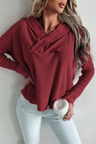 Waffle Knit Long Sleeve Hoodie Burgundy