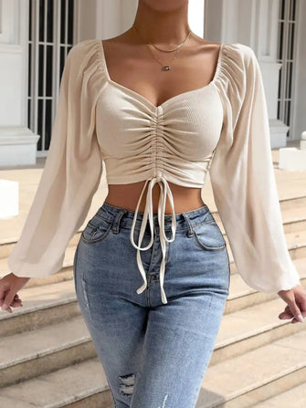 Drawstring Sweetheart Neck Cropped Top Sand Woman Blouses