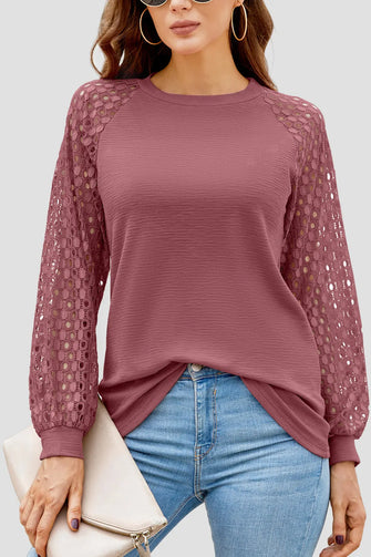 Full Size Eyelet Round Neck Long Sleeve T-Shirt Dusty Pink