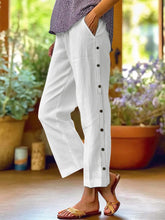 White linen full size casual wide leg trousers with black decor button casual detailing down the side seam