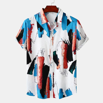 Men's Plus Size Abstract Print Short Sleeve Button-Down Casual Shirt White