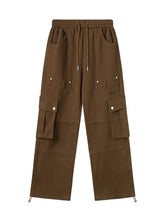 Men's Casual Cargo Drawstring Pants with Multi-Pockets Brown