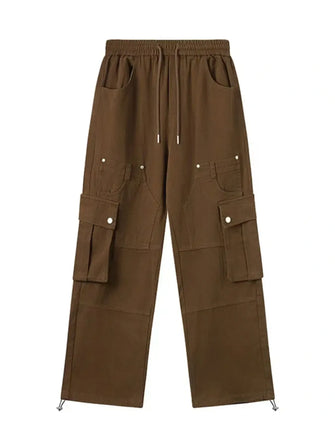 Men's Casual Cargo Drawstring Pants with Multi-Pockets Brown