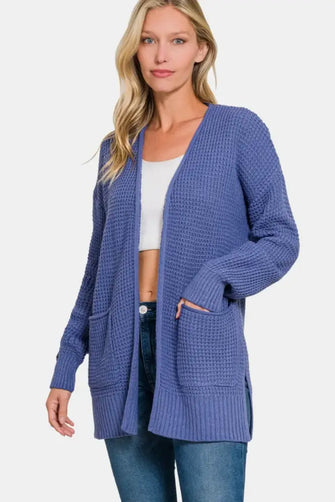 Zenana Waffle Open Front Sweater Cardigan Marlin Woman Outerwear