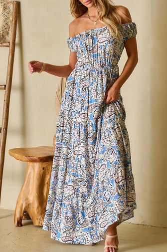 Boho Paisley Print Off Shoulder Maxi Dress Dusty Blue
