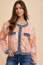 Annie Wear Floral Jacquard Denim Contrast Button Down Jacket Woman Outerwear