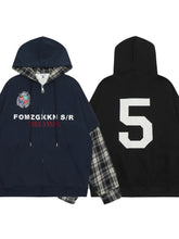 Men's Plaid Sleeve Patchwork Letter Zip-Up Hoodie