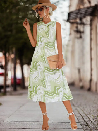 Printed Sleeveless Midi Dress Light Green Casual Dresses