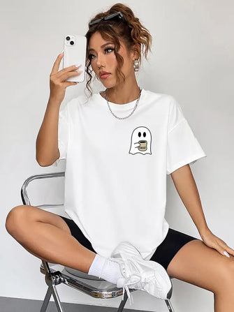 Round Neck Short Sleeve Ghost Graphic T-Shirt White Woman T Shirts