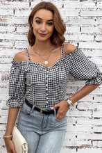 Plaid Buttoned Sweetheart Neck Cold-Shoulder Top Woman Blouses