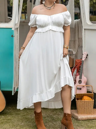 Plus Size Ruffled Hem Off-Shoulder Dress White Casual Dresses