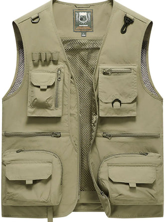 Men's Full Size Zip Up Vest with Pockets Plus Size Khaki Mens Tops