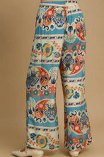 Umgee full size wide leg border print pants in vibrant turquoise coral and cream with soft elastic waistband
