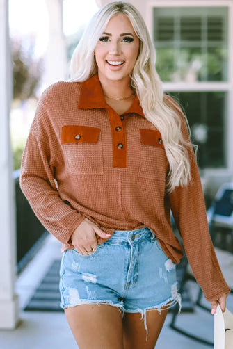 Half-Button Collared Long Sleeve Top Caramel Woman Blouses