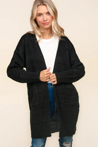 Haptics Stripe Textured Open Front Cardigan with Pockets Black Woman Outerwear