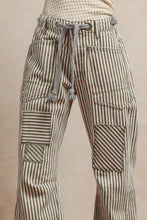 BiBi drawstring striped twill barrel pants feature gray drawstring and patchwork details on striped denim fabric