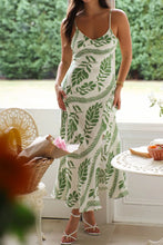 Leaf Print Slit V-Neck Midi Cami Dress