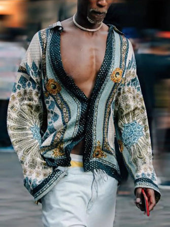 Men's Full Size Collared Neck Long Sleeve Shirt Plus Size Floral