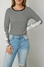 Striped Round Neck Long Sleeve Lace Trim T-Shirt Woman T Shirts