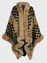 Fuzzy Checkered Long Sleeve Poncho Tan One Size