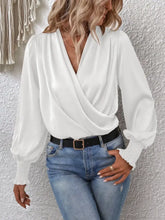 Surplice Smocked Lantern Sleeve Blouse Woman Blouses