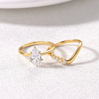 1.5 Carat Moissanite Teardrop Ring 2pcs Set Gold