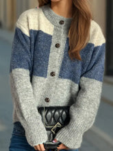 Color Block Round Neck Button Up Cardigan Dusty Blue One Size Woman Outerwear