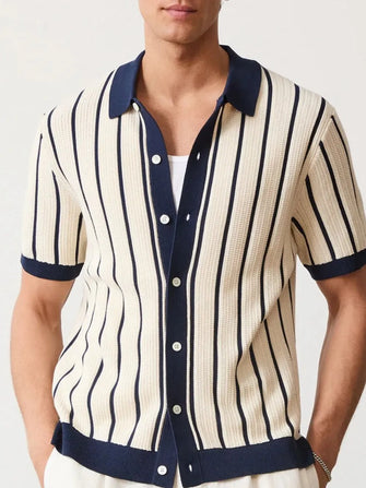 Men's Plus Size Striped Button Down Short Sleeve Shirt Navy