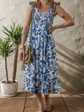 Floral Ruffle Strap Square Neck Smocked Bodice Midi Dress Dusty Blue