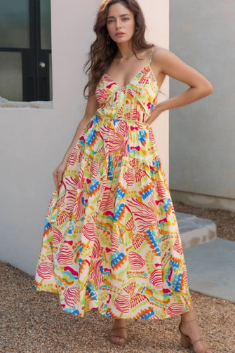 Abstract Print Spaghetti Strap Piping Detail Maxi Dress Floral Woman Maxi Dress