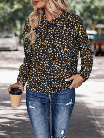Perfee Printed Tie Neck Long Sleeve Top Black Woman Blouses
