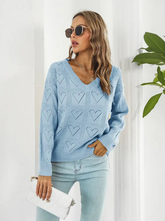 Openwork V-Neck Sweater Misty Blue Sweater Pullovers