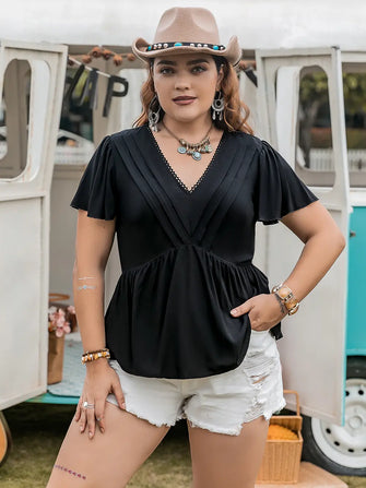 Plus Size V-Neck Flutter Sleeve Blouse Black Woman Blouses