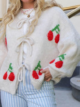 Tied Cherry Round Neck Long Sleeve Cardigan White